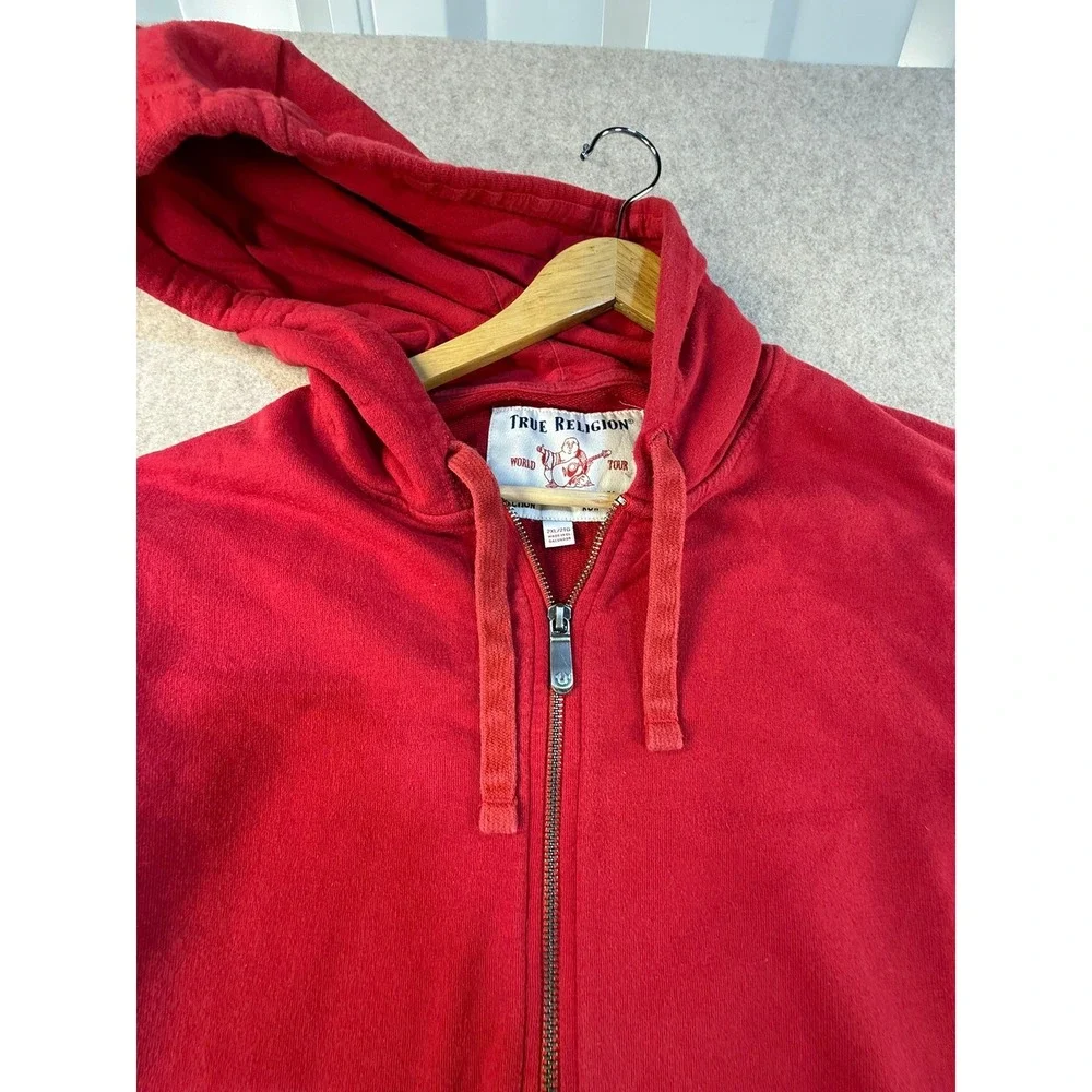 True Religion Mens Red Full Zip Hoodie Gold Horseshoe Logo Sweatshirt 2XL